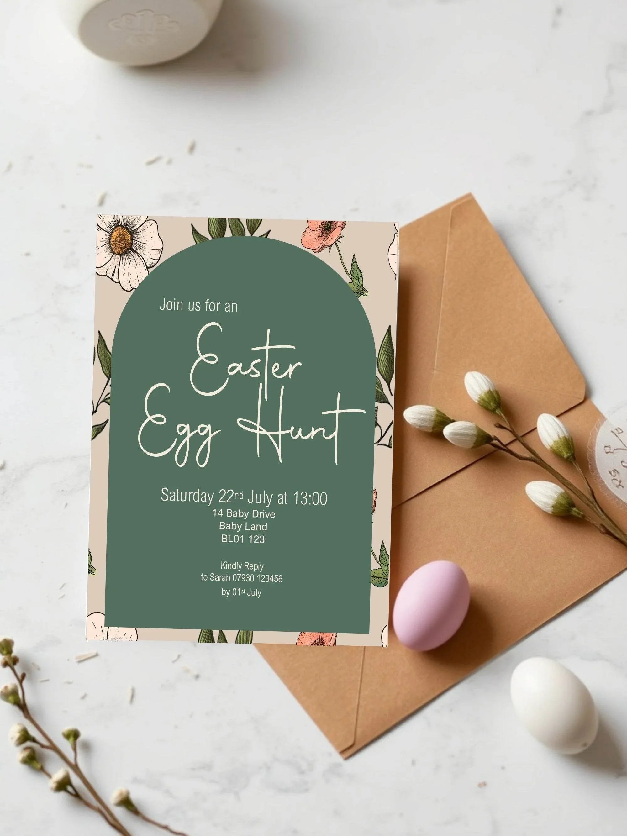 Forest Green Floral Arch Easter Egg Hunt Invitations & Envelopes | Pack of 10 - Larosier Prints