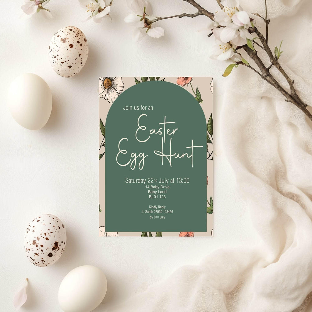Forest Green Floral Arch Easter Egg Hunt Invitations & Envelopes | Pack of 10 - Larosier Prints
