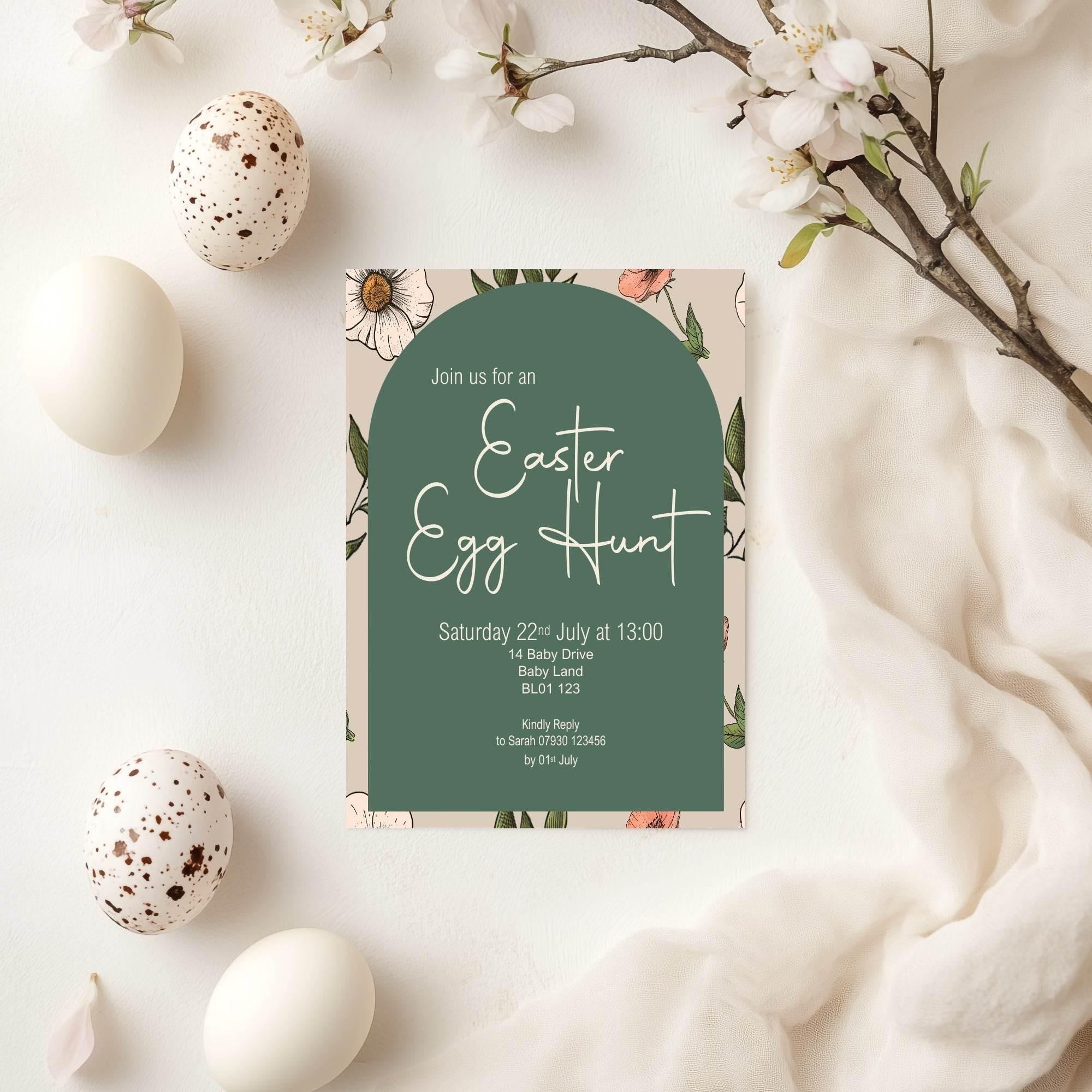 Forest Green Floral Arch Easter Egg Hunt Invitations & Envelopes | Pack of 10 - Larosier Prints