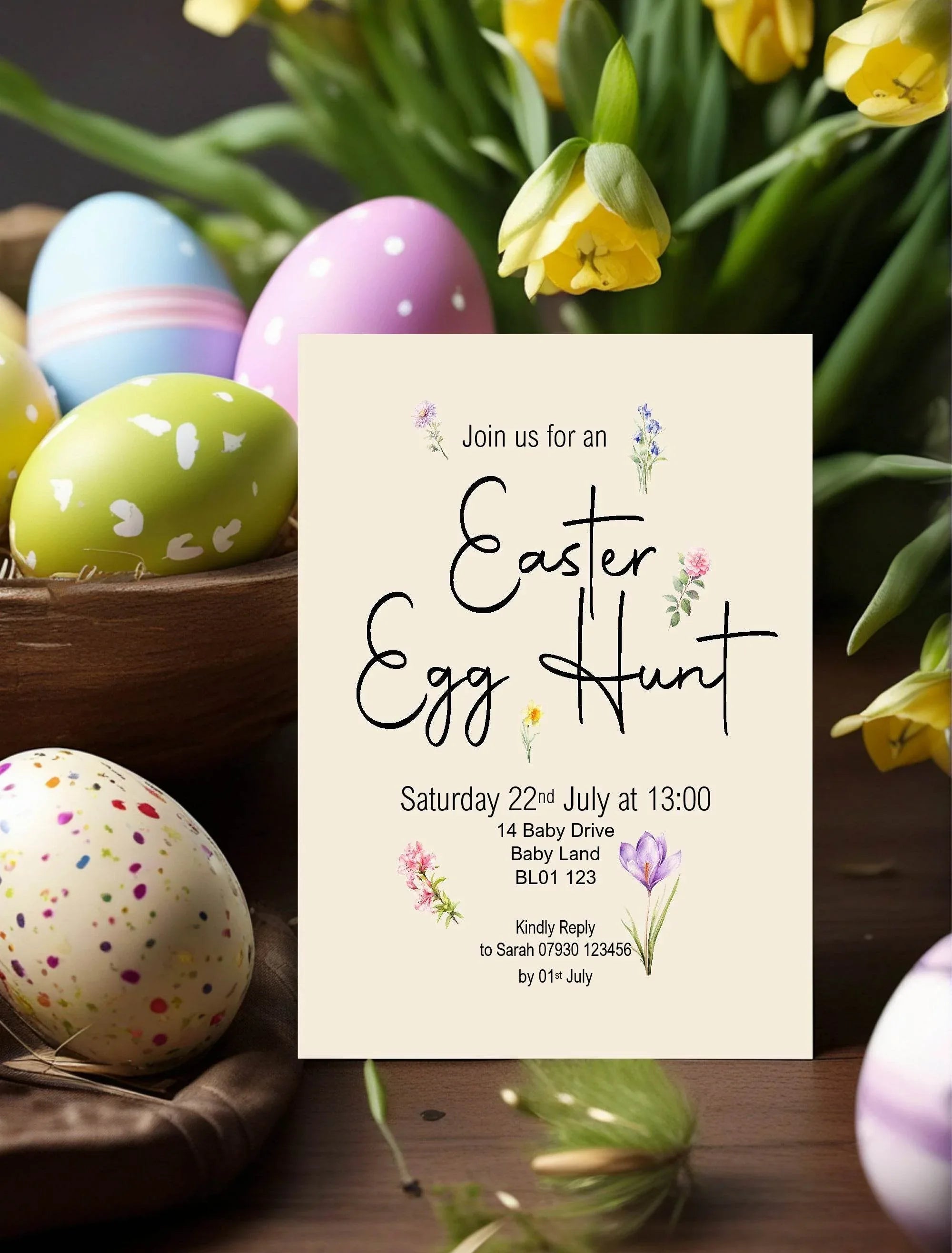 Spring Flowers Easter Egg Hunt Invitations & Envelopes | Pack of 10 - Larosier Prints