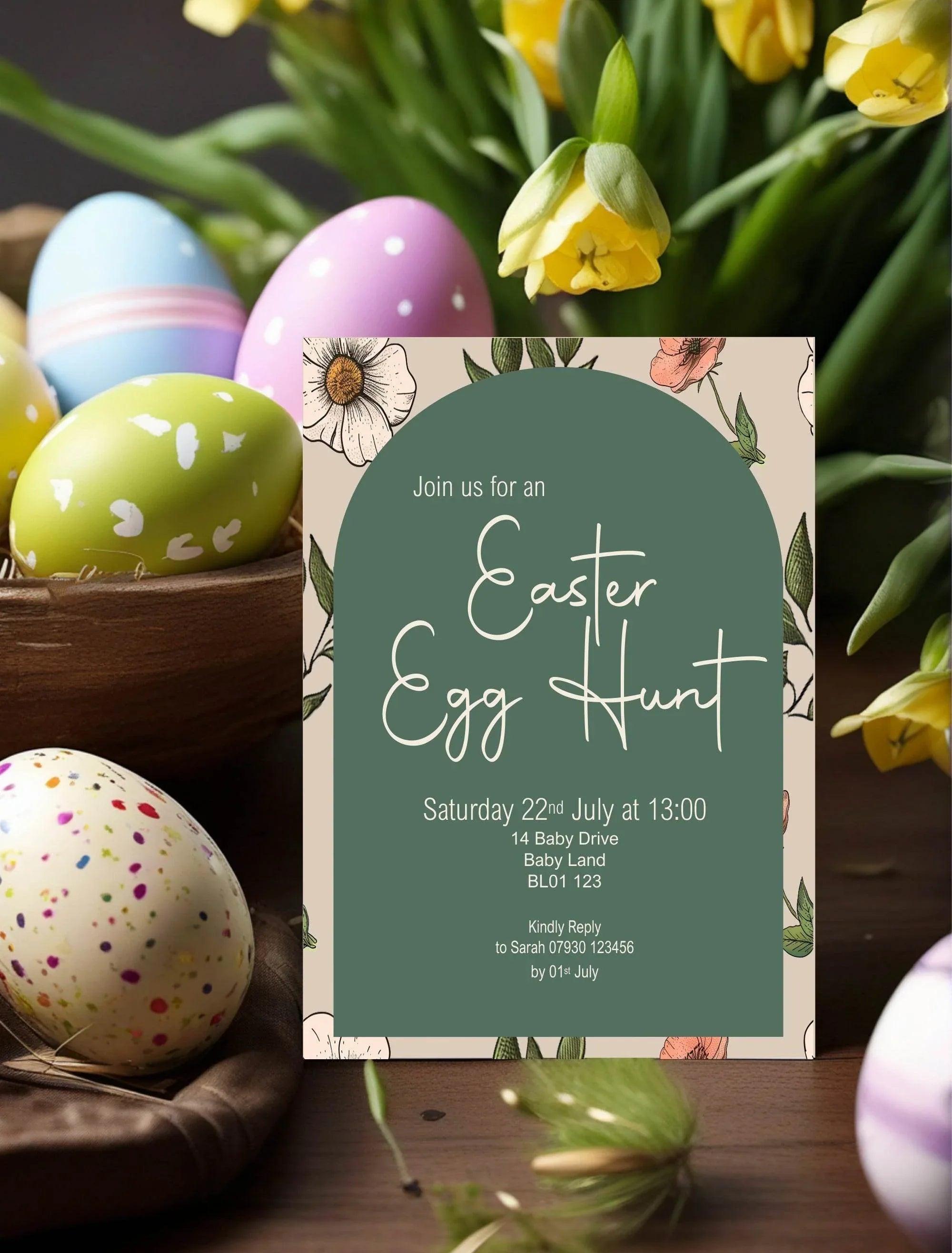 Forest Green Floral Arch Easter Egg Hunt Invitations & Envelopes | Pack of 10 - Larosier Prints