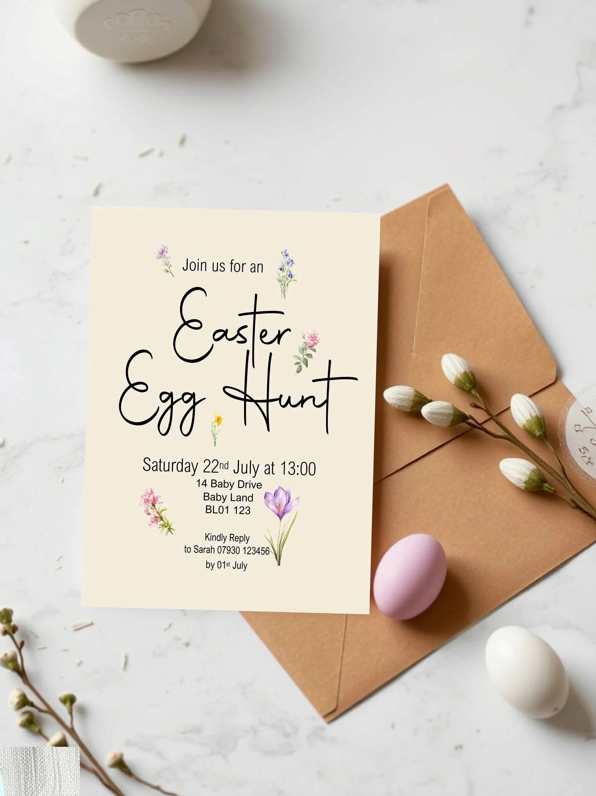Spring Flowers Easter Egg Hunt Invitations & Envelopes | Pack of 10 - Larosier Prints