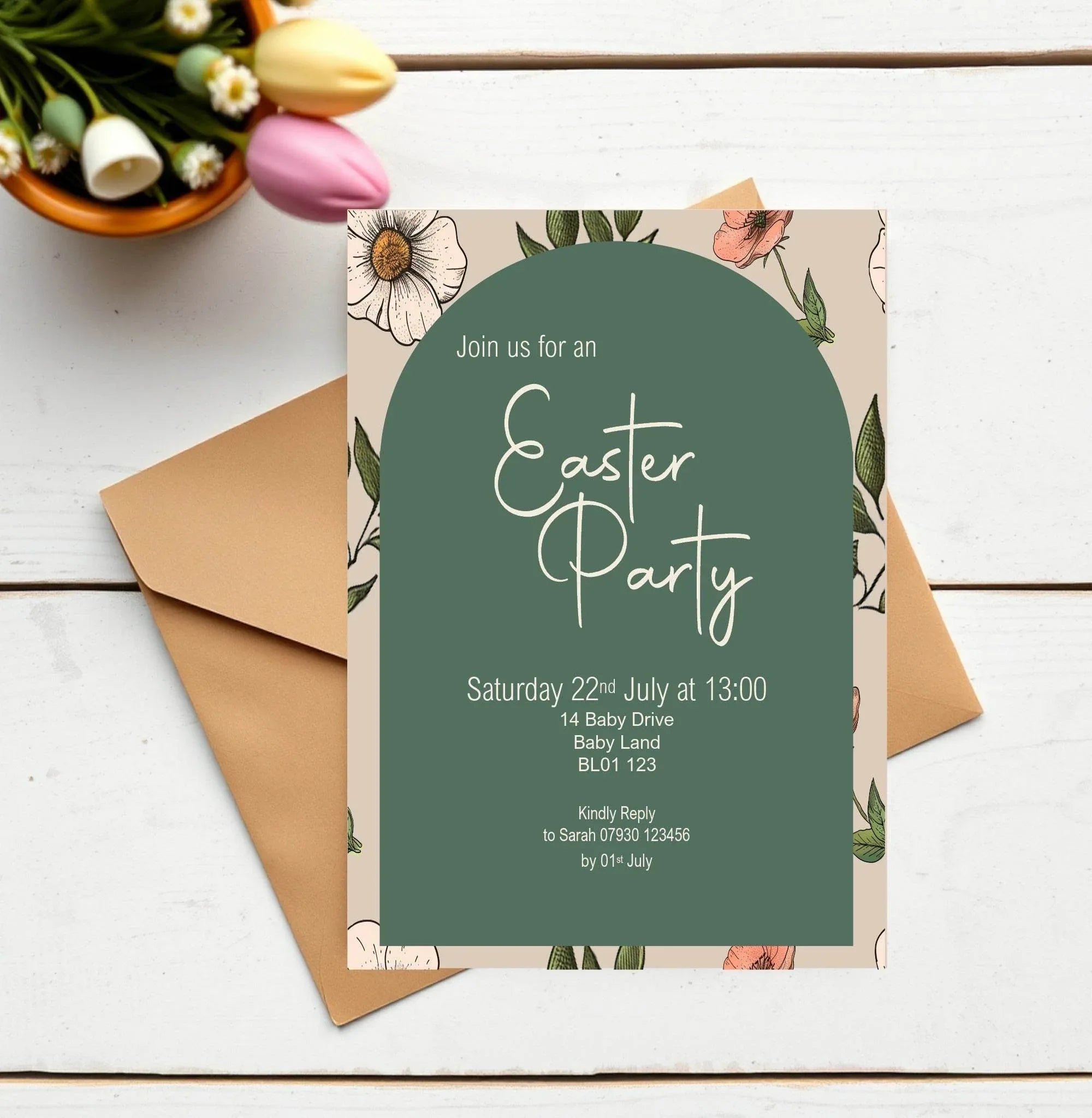 Forest Green Floral Arch Easter Party Invitations & Envelopes | Pack of 10 - Larosier Prints