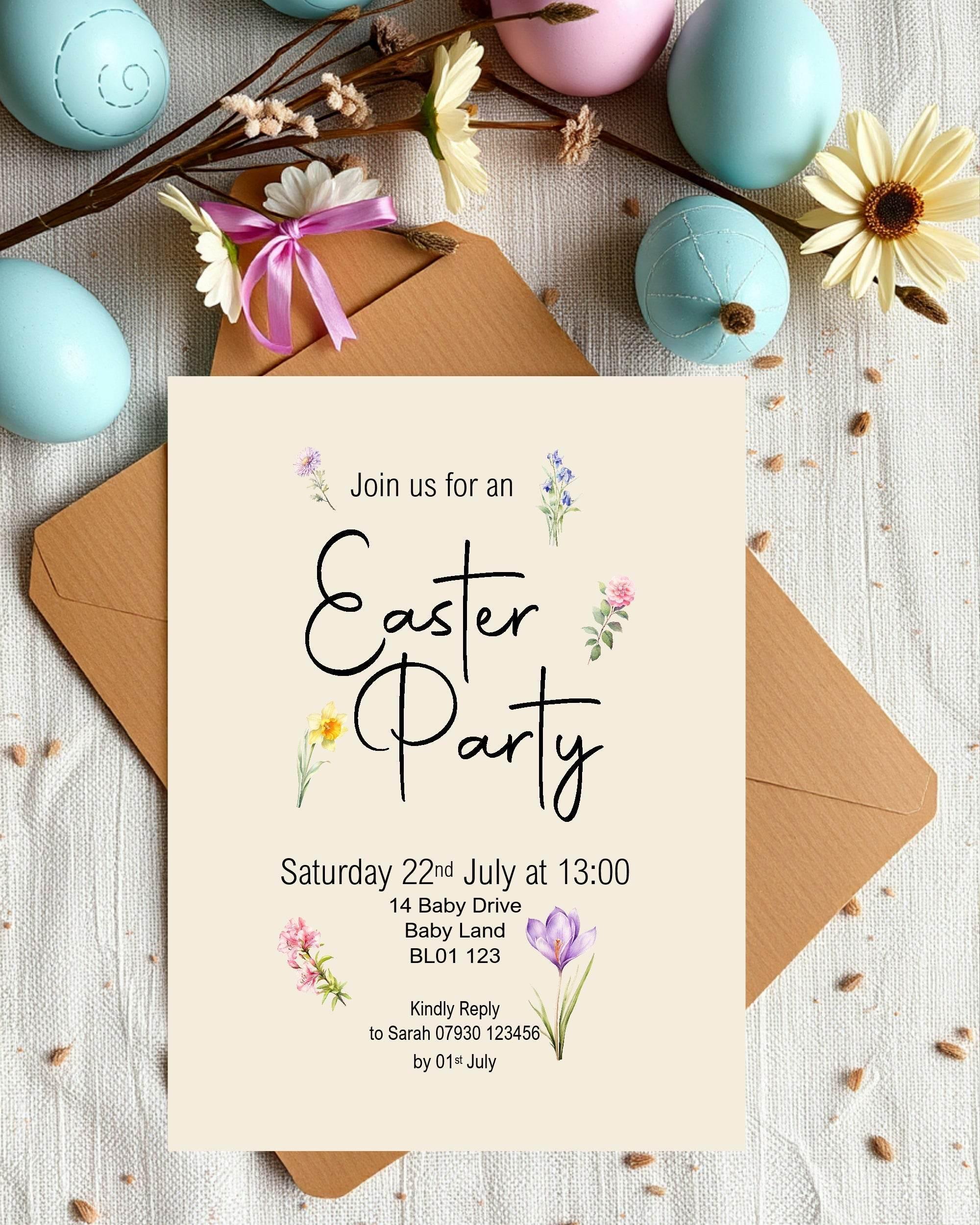 Spring Flowers Easter Party Invitations & Envelopes | Pack of 10 - Larosier Prints