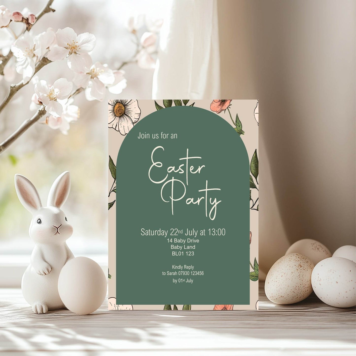 Forest Green Floral Arch Easter Party Invitations & Envelopes | Pack of 10