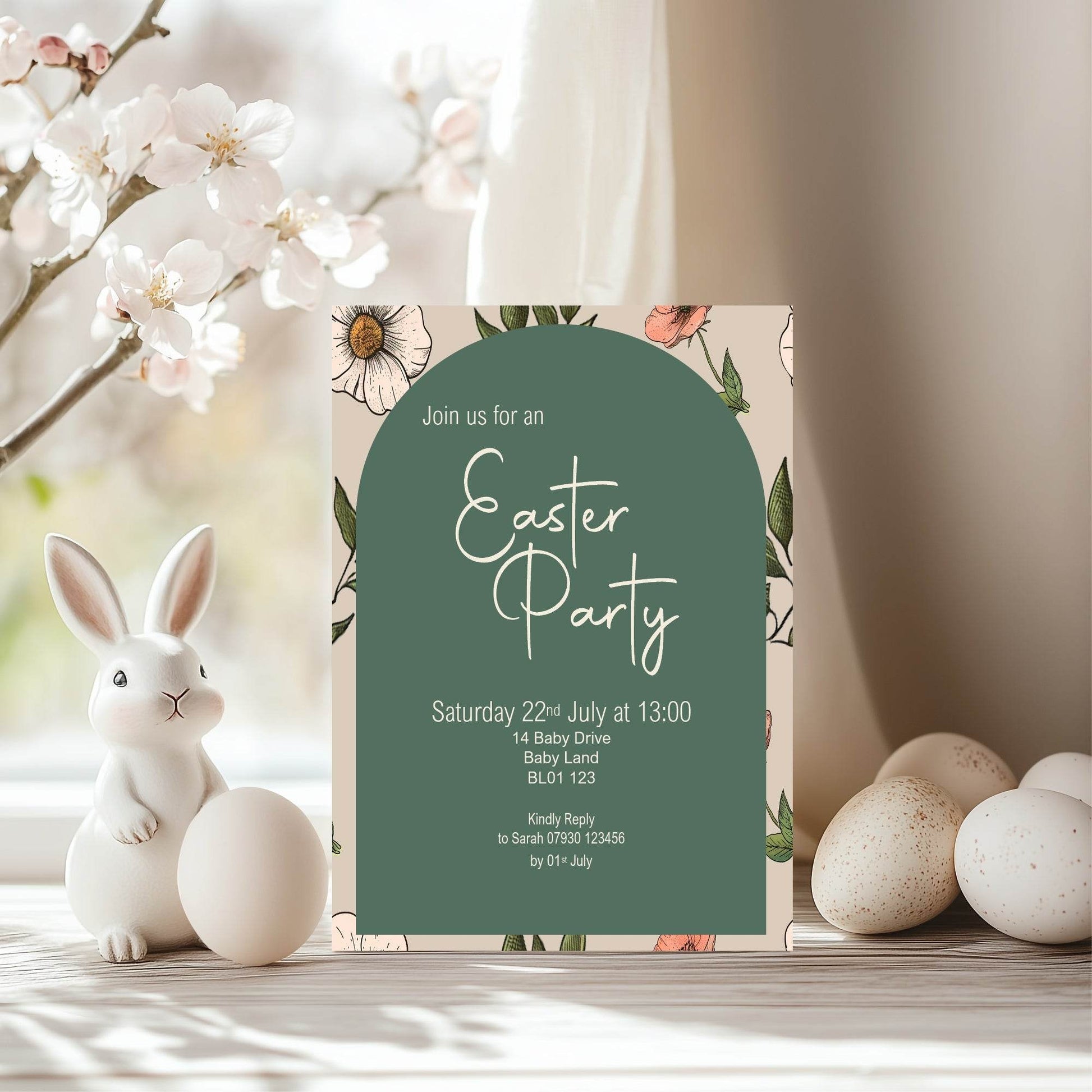 Forest Green Floral Arch Easter Party Invitations & Envelopes | Pack of 10