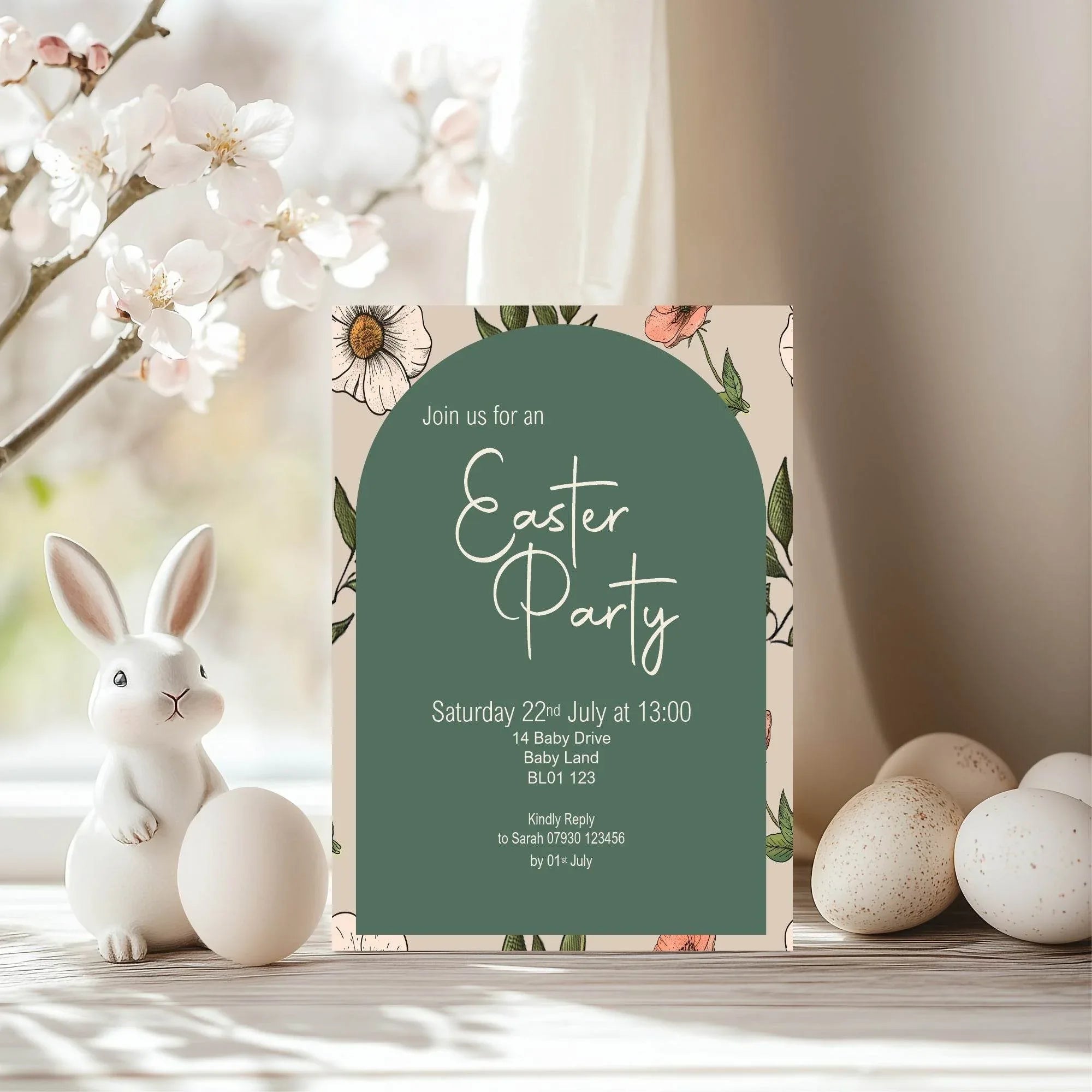 Forest Green Floral Arch Easter Party Invitations & Envelopes | Pack of 10 - Larosier Prints