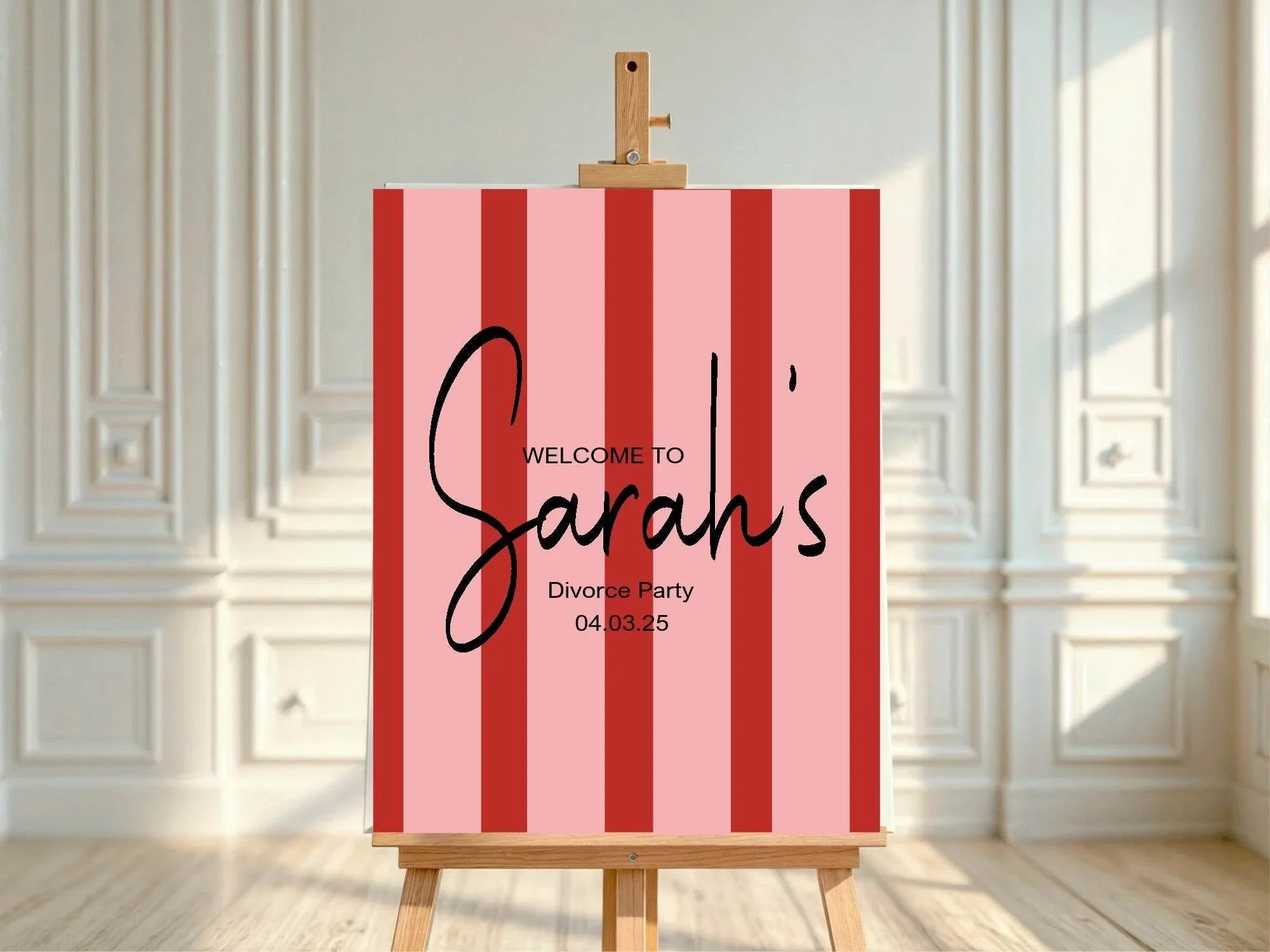Red & Pink Stripe Welcome Divorce Party Sign - Larosier Prints