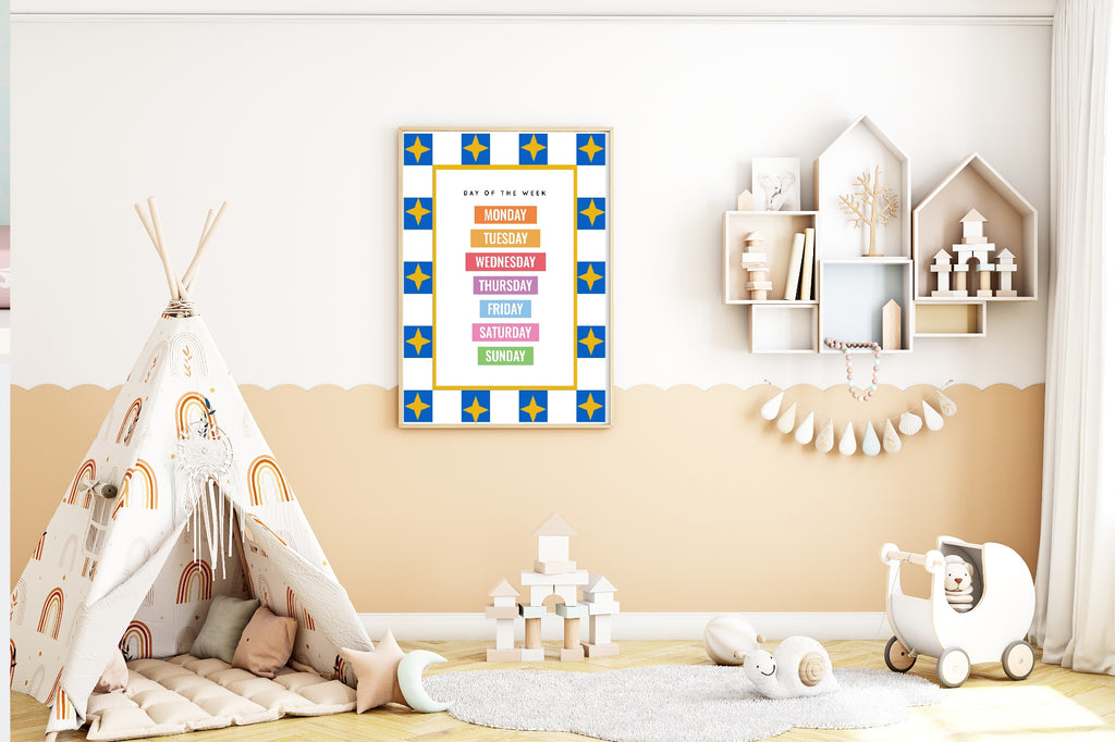 Blue Checked & Stars Days Of The Week Poster | Educational Wall Art