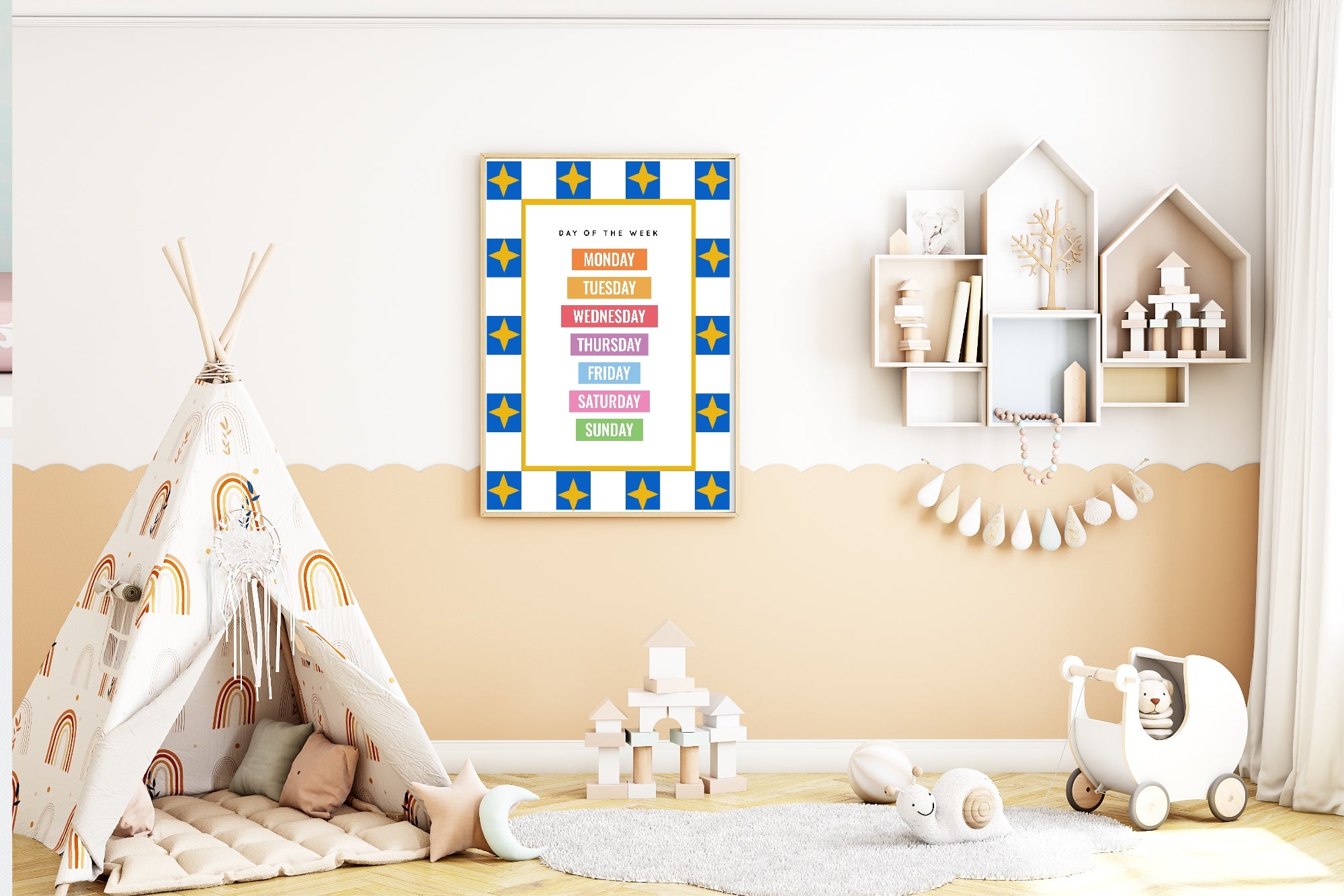 Blue Checked & Stars Days Of The Week Poster | Educational Wall Art