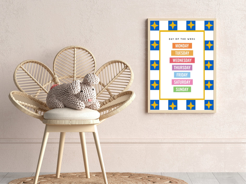 Blue Checked & Stars Days Of The Week Poster | Educational Wall Art