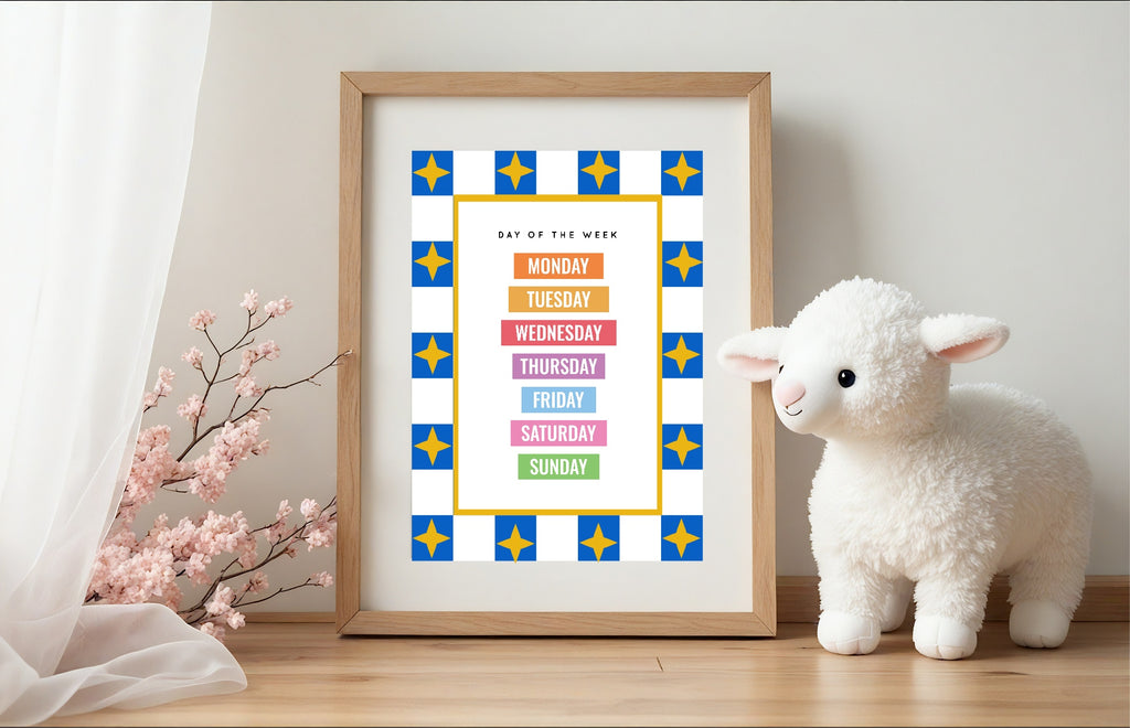 Blue Checked & Stars Days Of The Week Poster | Educational Wall Art