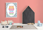 Children's room with a poster of 'Day of the Week' chart, blackboard, and toys on a pink wall.