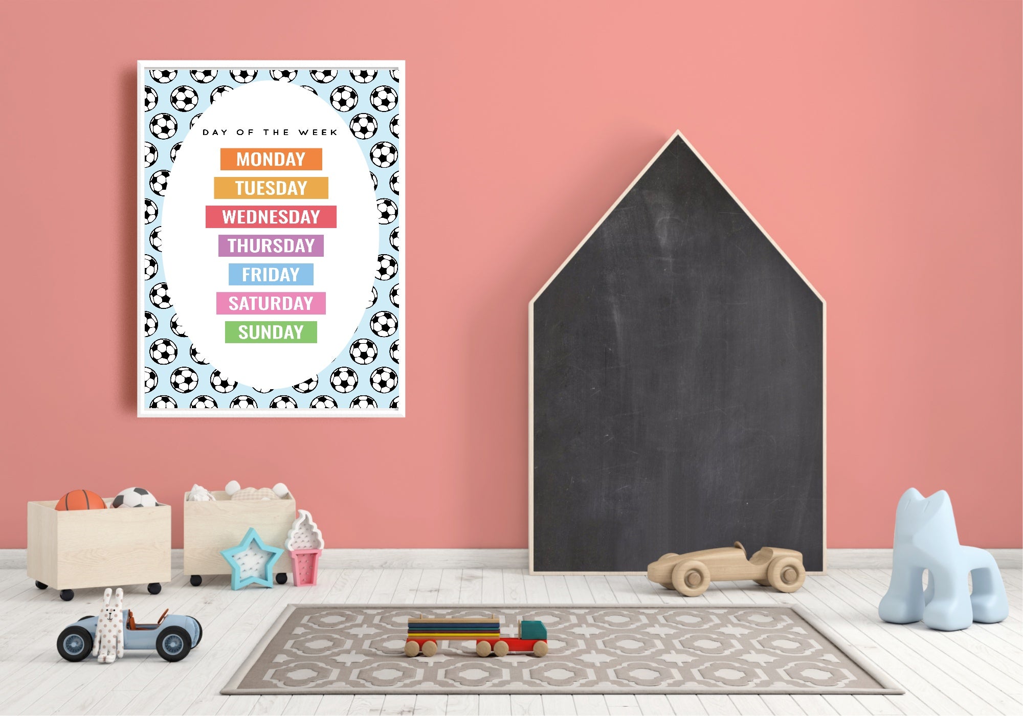 Children's room with a poster of 'Day of the Week' chart, blackboard, and toys on a pink wall.