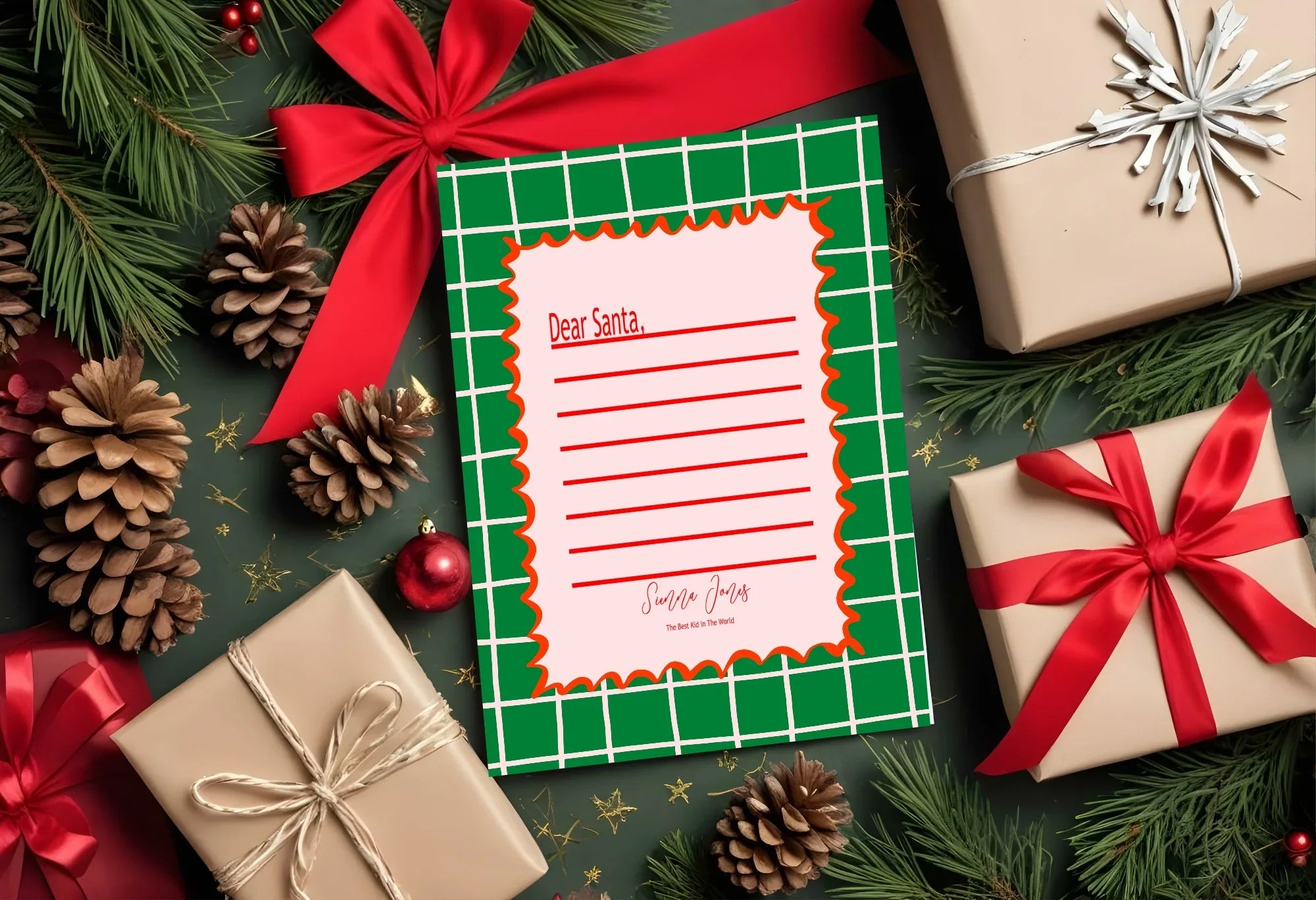 Christmas Green Check Letter to Santa Kit inc Personalised Forever Print - Larosier Prints