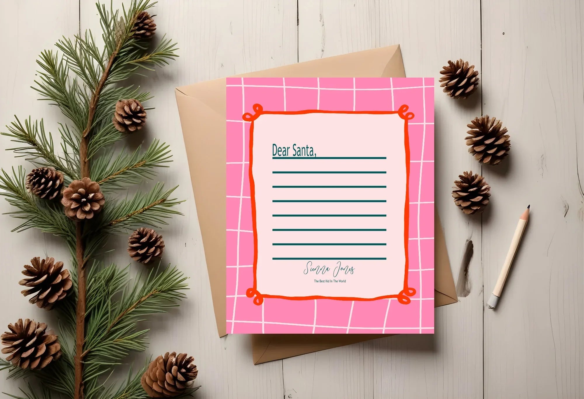 Christmas Pink Check Letter to Santa Kit inc Personalised Forever Print - Larosier Prints