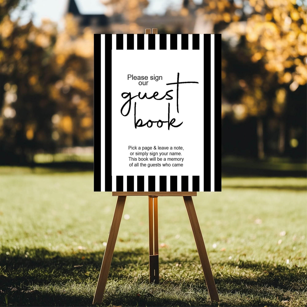 Black & White Stripe custom baby shower party sign example: Black and White Stripe Guest Book Baby Shower Party Sign