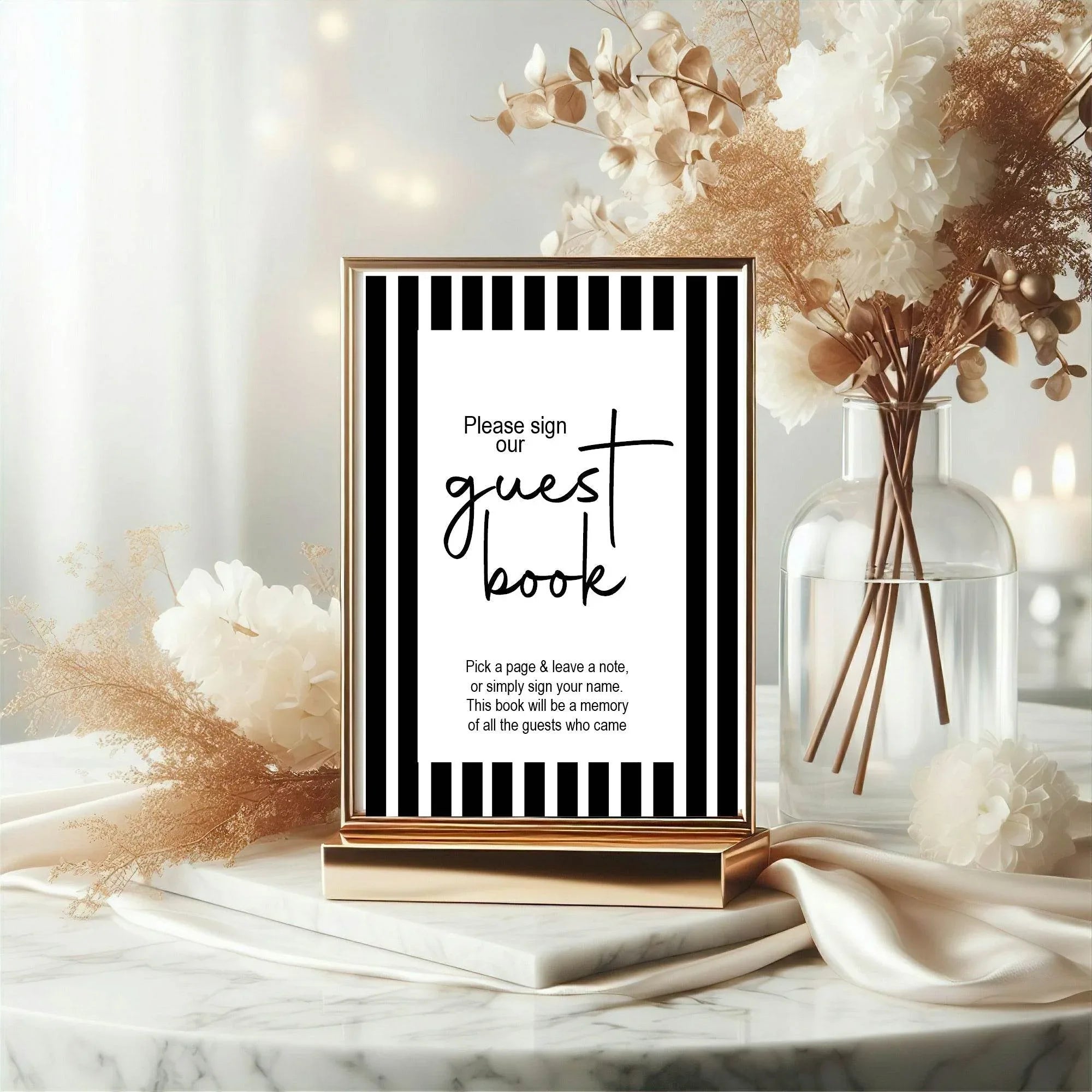 Black and White Stripe Guest Book Baby Shower Party Sign - Larosier Prints
