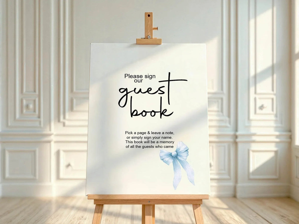 Bows custom baby shower party sign example: Bows Guest Book Baby Shower Party Sign
