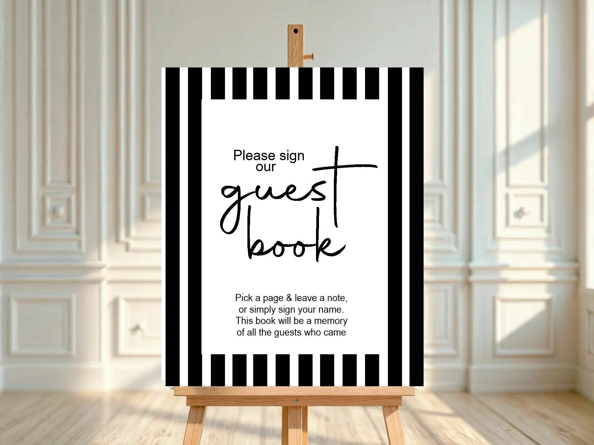 Black and White Stripe Guest Book Baby Shower Party Sign - Larosier Prints