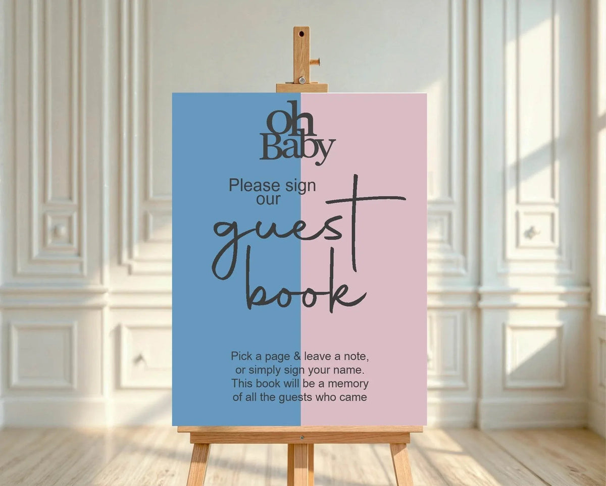 Oh Baby custom baby shower party sign example: Oh Baby Guest Book Baby Shower Party Sign | Blue & Pink