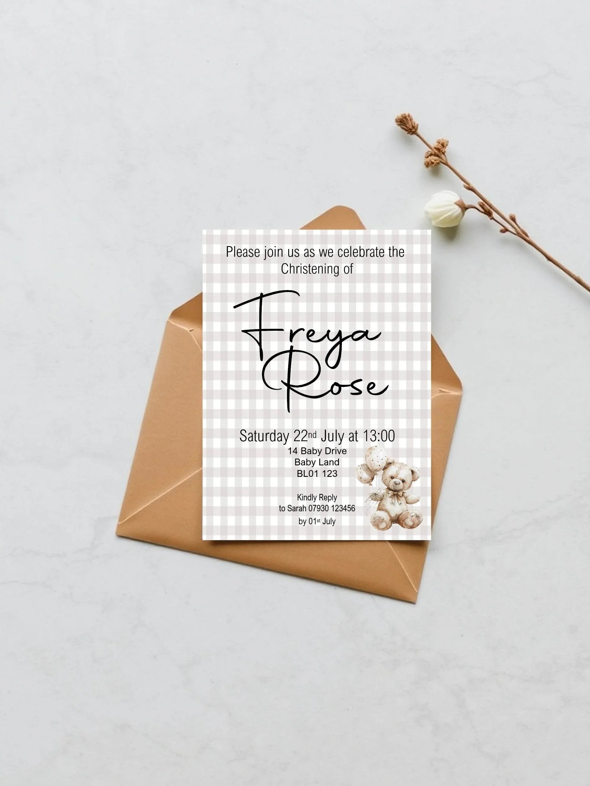 Checkered Bear Christening | Baptism Party Invitations & Envelopes | Pack of 10 - Larosier Prints