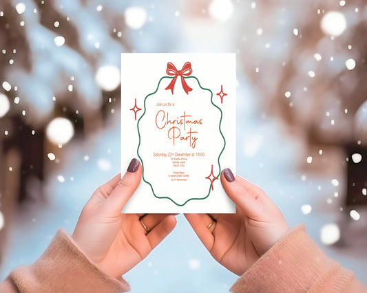 Bow Border Christmas Party Invitations & Envelopes | Pack of 10