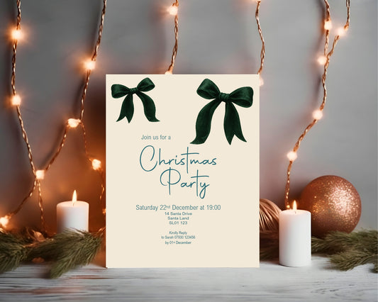 Green Velvet Bow Christmas Party Invitations & Envelopes | Pack of 10