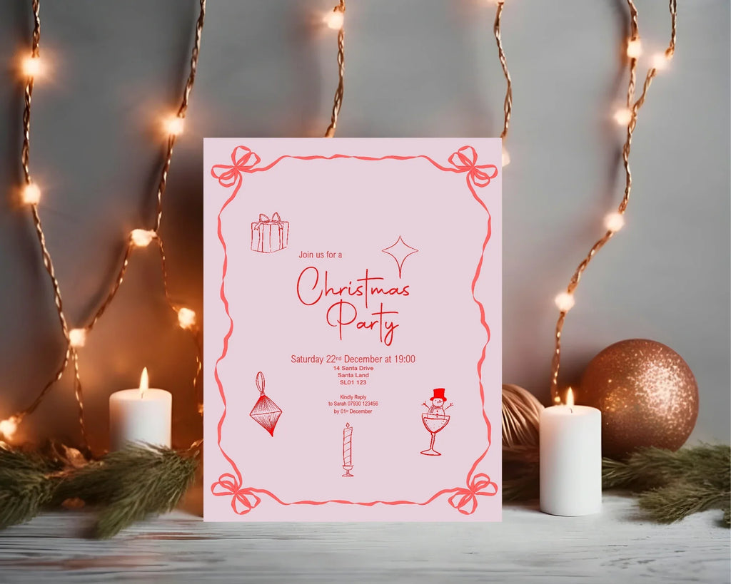 Pink & Red Christmas Party Invitations & Envelopes | Pack of 10 - Larosier Prints