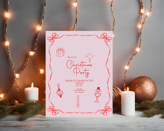 Pink & Red Christmas Party Invitations & Envelopes | Pack of 10