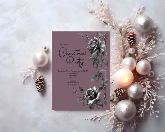 Gothic Purple Rose Christmas Party Invitations & Envelopes | Pack of 10