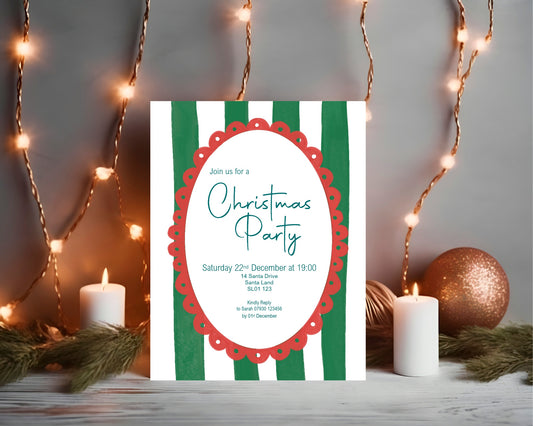 Green Stripe Christmas Party Invitations & Envelopes | Pack of 10