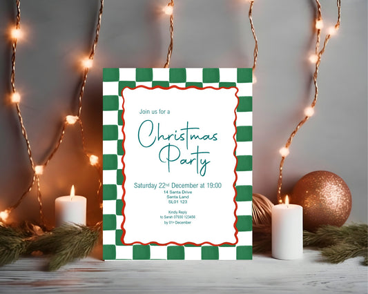 Green Check Christmas Party Invitations & Envelopes | Pack of 10