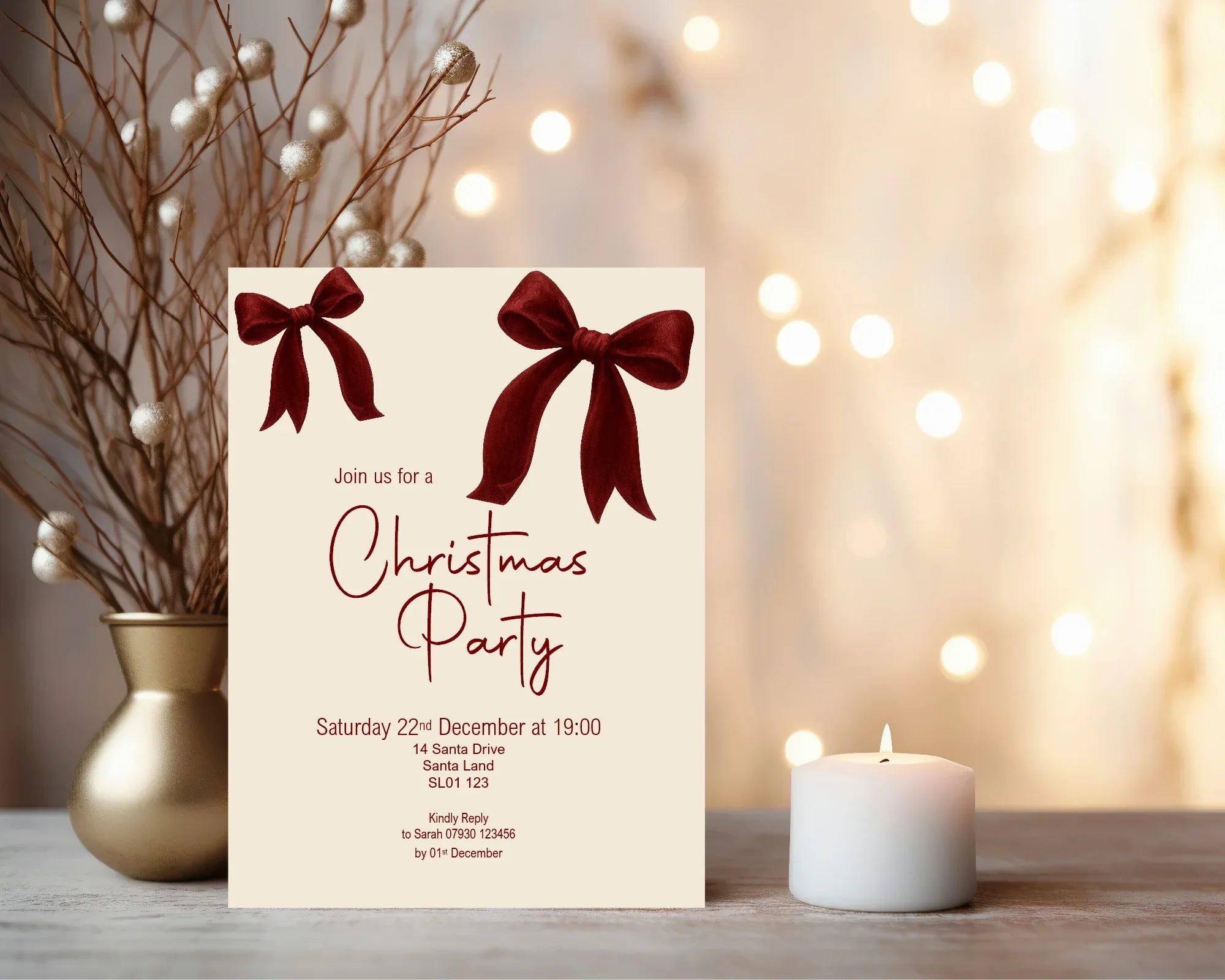 Red Velvet Bow Christmas Party Invitations & Envelopes | Pack of 10 - Larosier Prints