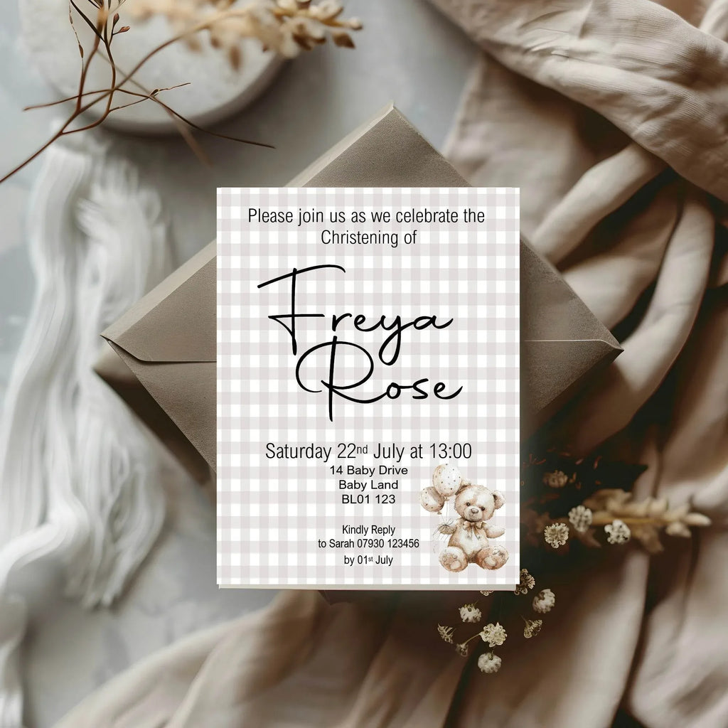 Checkered Bear Christening | Baptism Party Invitations & Envelopes | Pack of 10 - Larosier Prints