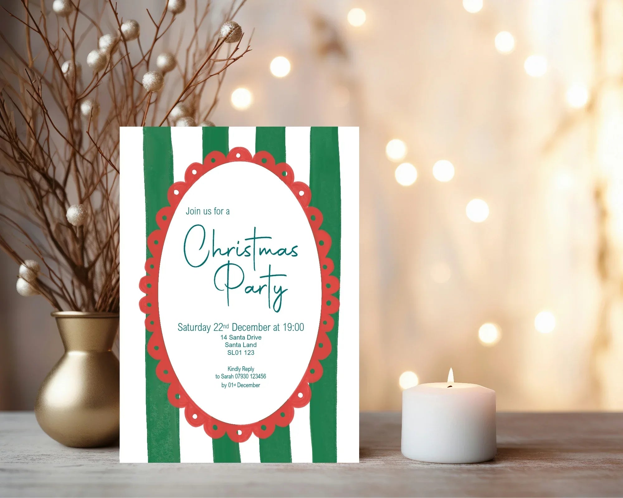 Green Stripe Christmas Party Invitations & Envelopes | Pack of 10 - Larosier Prints