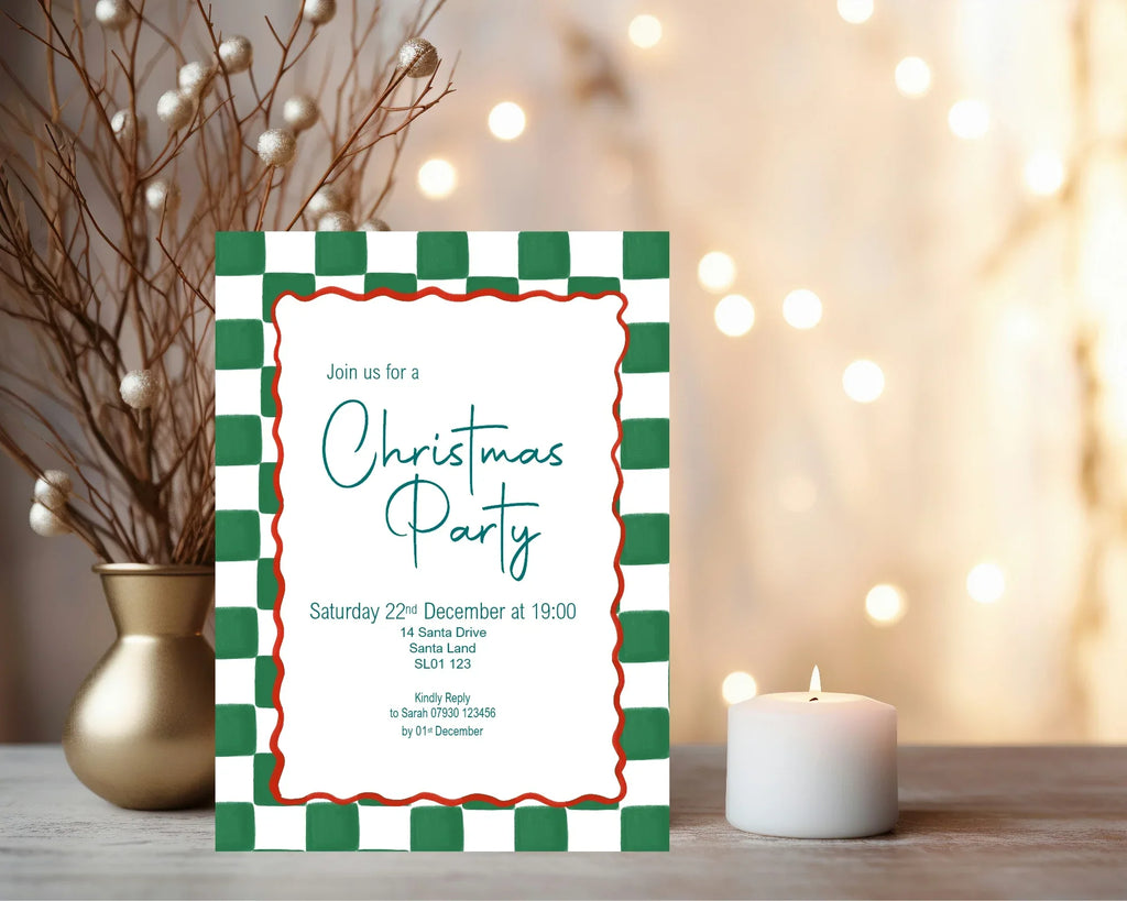 Green Check Christmas Party Invitations & Envelopes | Pack of 10 - Larosier Prints