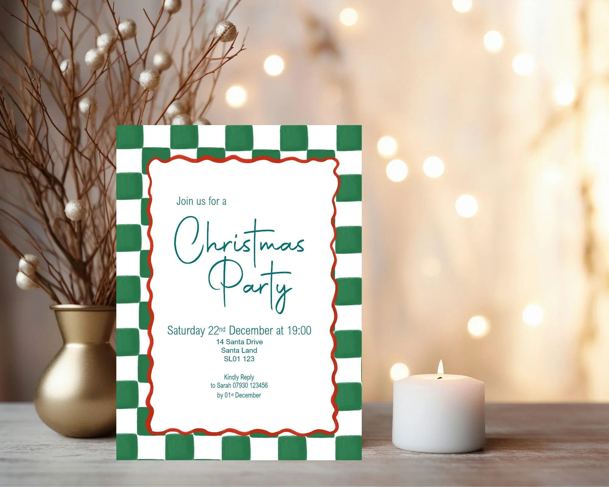 Green Check Christmas Party Invitations & Envelopes | Pack of 10 - Larosier Prints