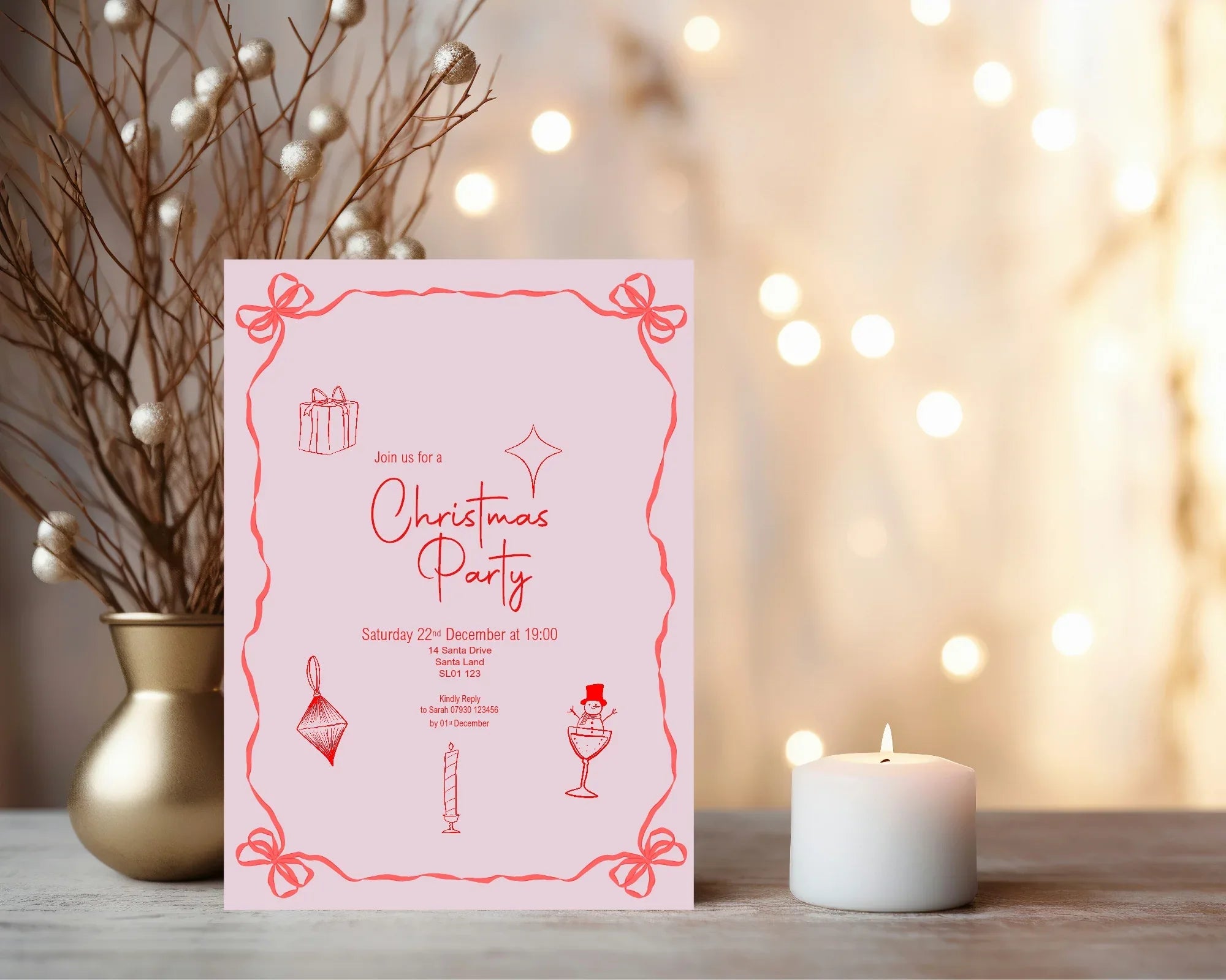 Pink & Red Christmas Party Invitations & Envelopes | Pack of 10 - Larosier Prints