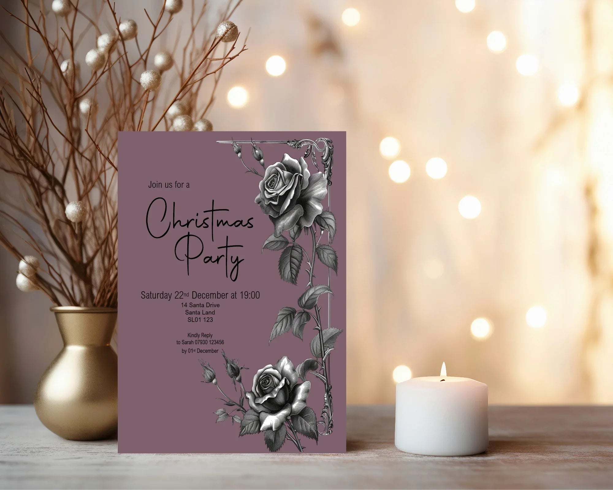 Gothic Purple Rose Christmas Party Invitations & Envelopes | Pack of 10 - Larosier Prints