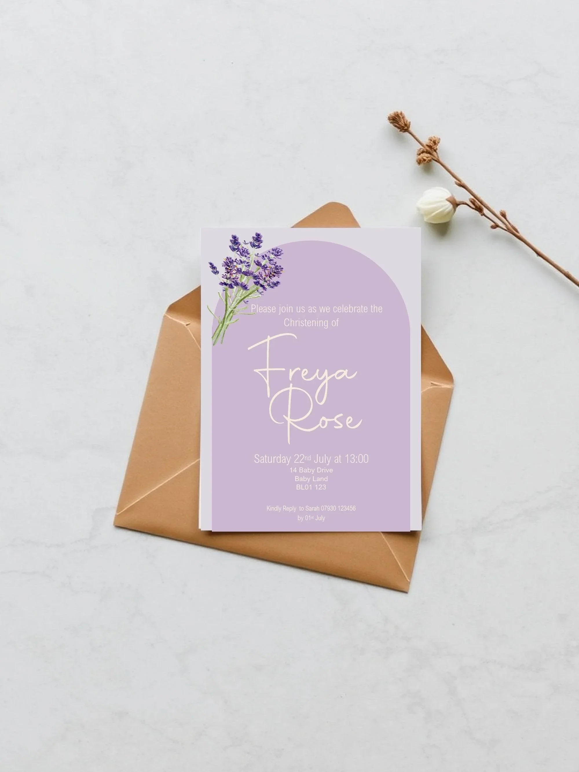 Lavender Christening | Baptism Party Invitations & Envelopes | Pack of 10 - Larosier Prints