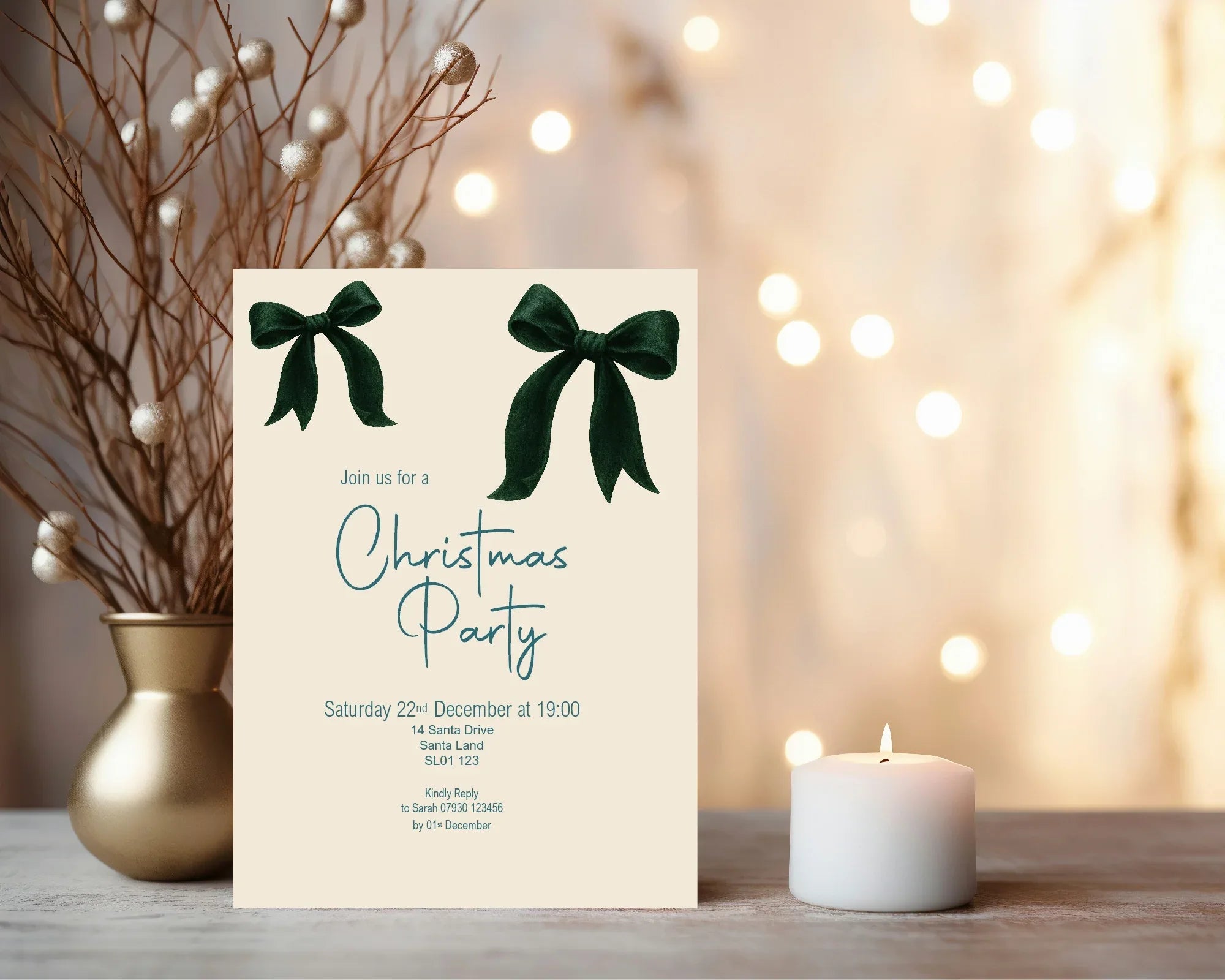 Green Velvet Bow Christmas Party Invitations & Envelopes | Pack of 10 - Larosier Prints