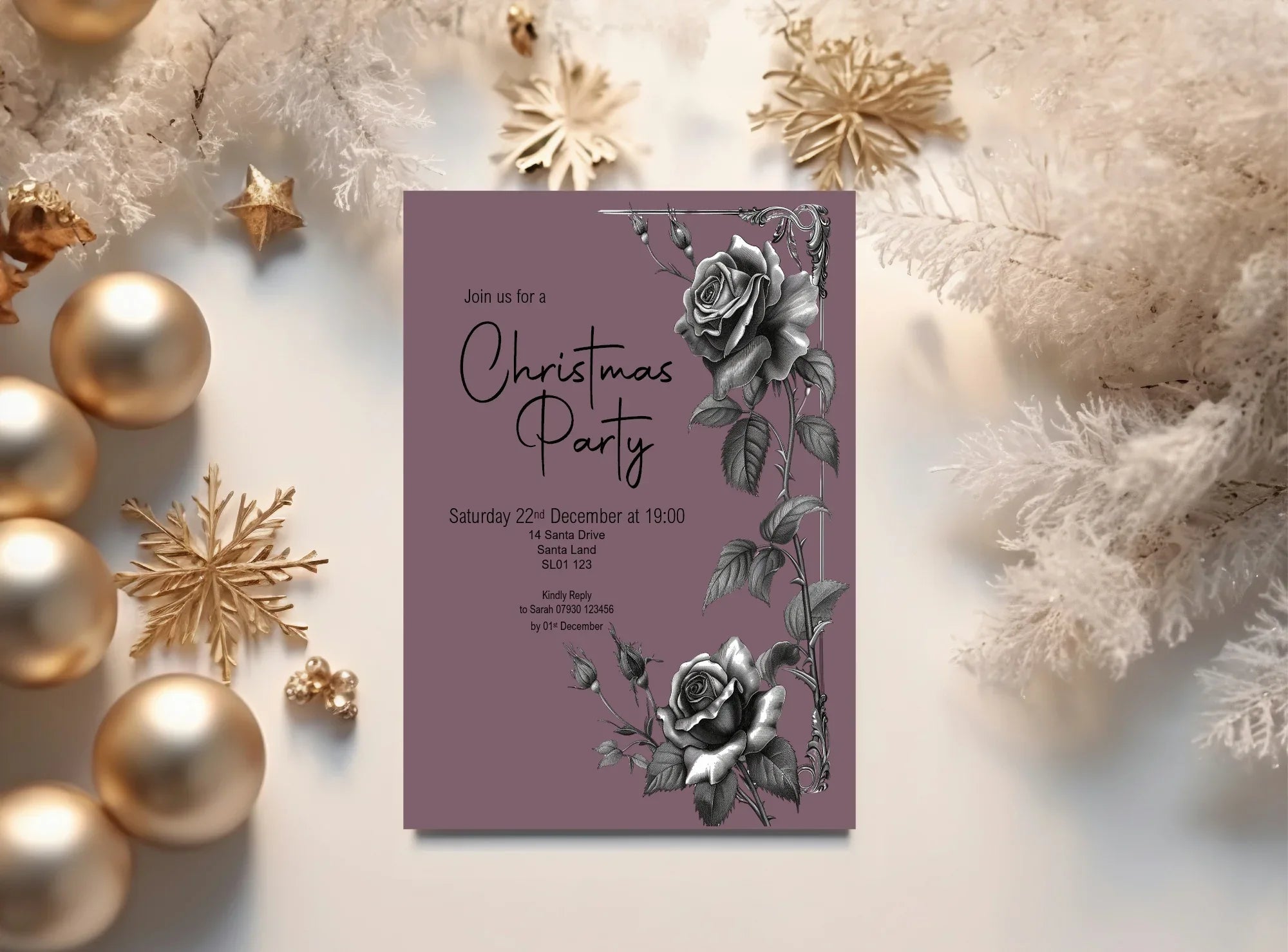 Gothic Purple Rose Welcome Christmas Party Sign - Larosier Prints