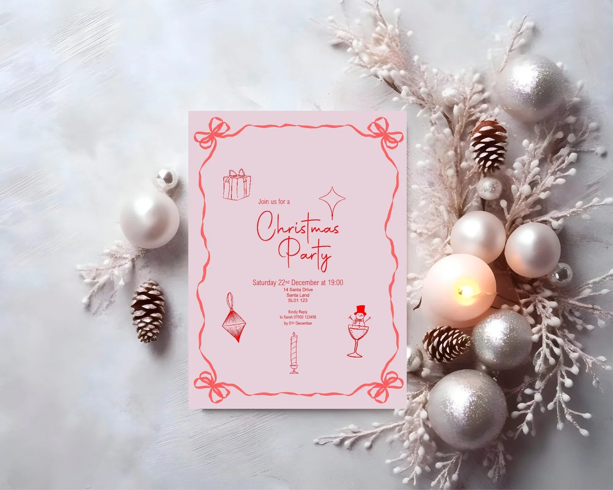 Pink & Red Christmas Party Invitations & Envelopes | Pack of 10 - Larosier Prints