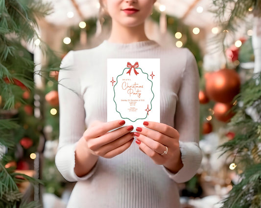 Bow Border Christmas Party Invitations & Envelopes | Pack of 10
