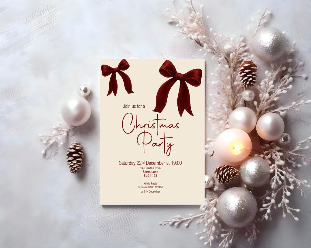 Red Velvet Bow Christmas Party Invitations & Envelopes | Pack of 10 - Larosier Prints