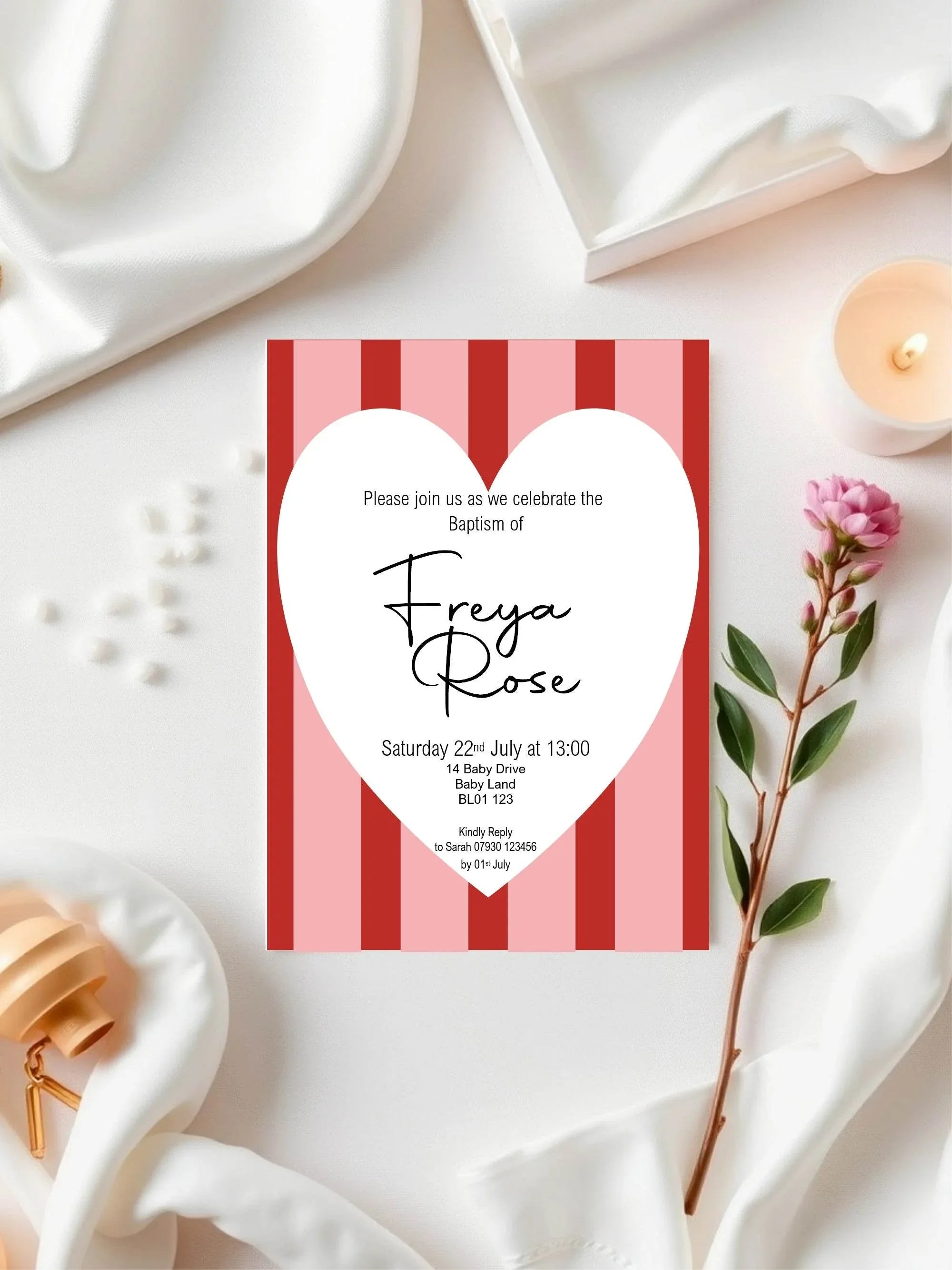 Red & Pink Christening | Baptism Party Invitations & Envelopes | Pack of 10 - Larosier Prints