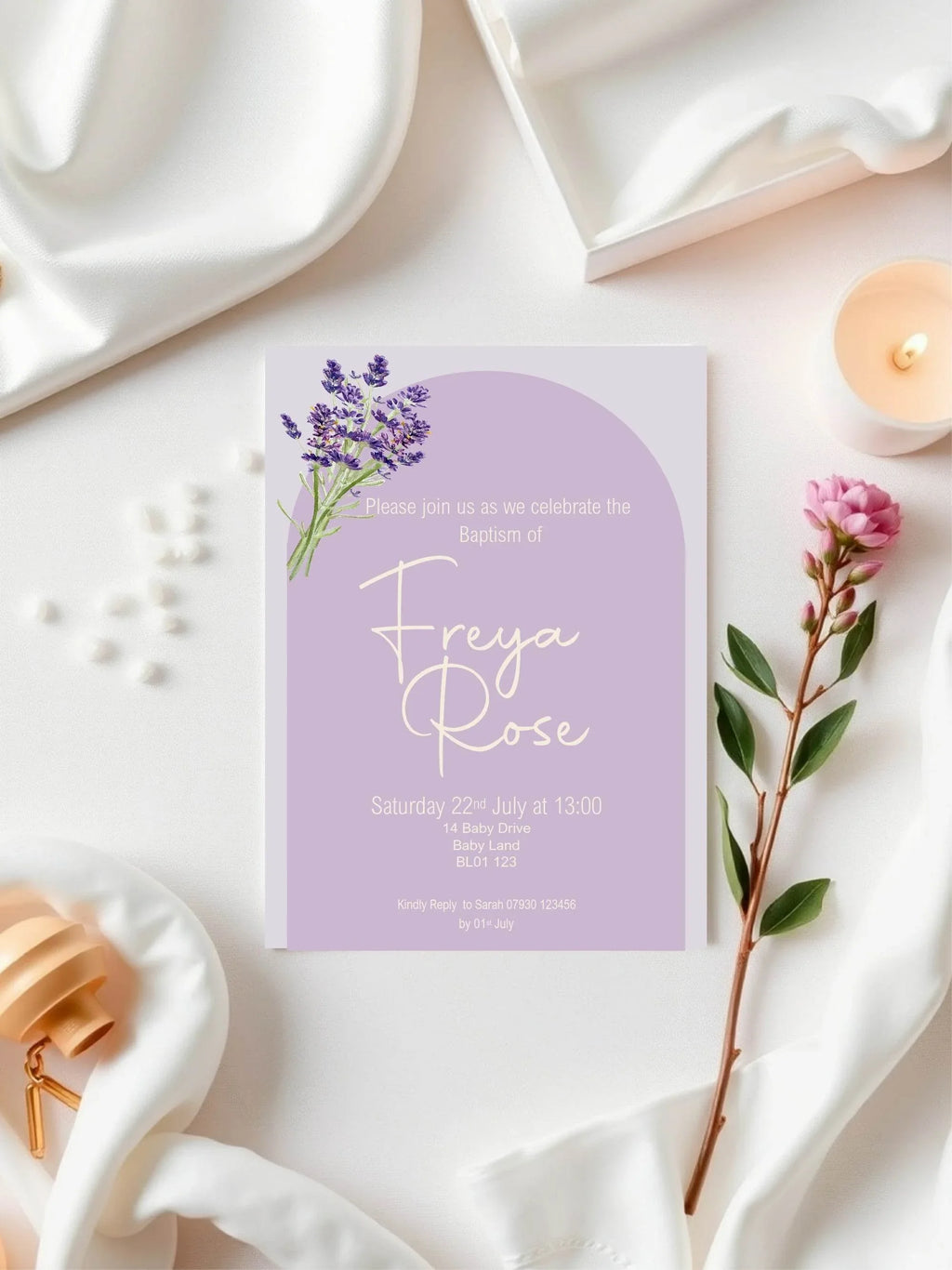 Lavender Christening | Baptism Party Invitations & Envelopes | Pack of 10 - Larosier Prints