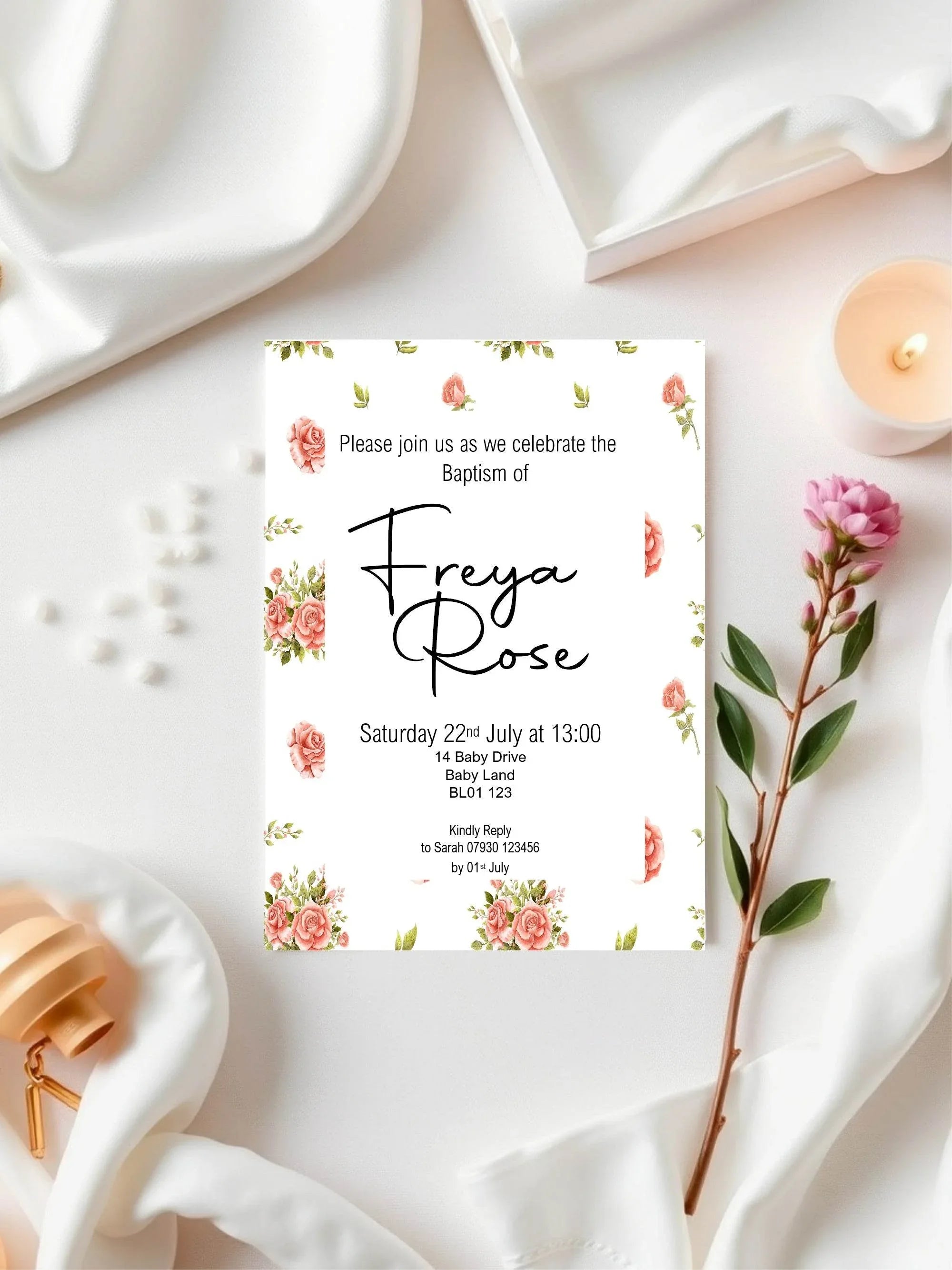 Pink Rose Christening | Baptism Party Invitations & Envelopes | Pack of 10 - Larosier Prints