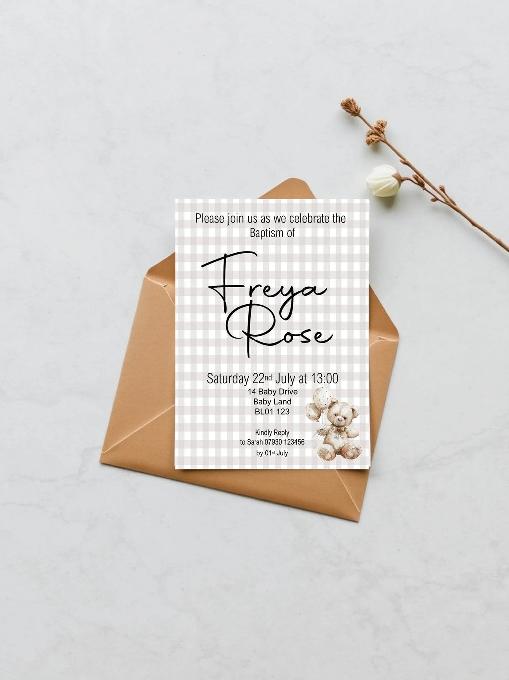 Checkered Bear Christening | Baptism Party Invitations & Envelopes | Pack of 10 - Larosier Prints